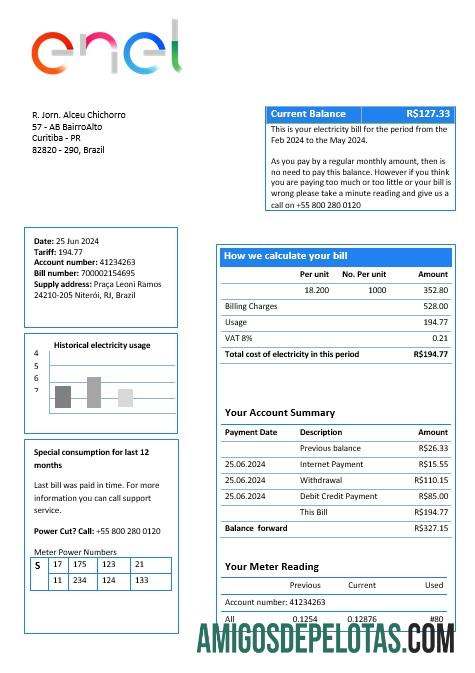Para baixar modelo de fatura de serviços públicos de eletricidade ENEL Brasil em formato Word e PDF